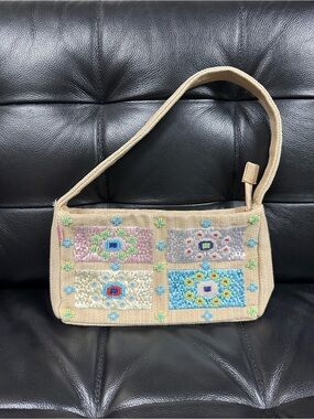 XOXO Beige Beaded and Patchwork Shoulder Bag